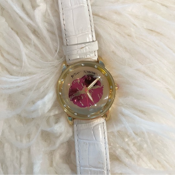 Betsey Johnson Jewelry - Betsey Johnson Leather Watch Kiss Face Lips Women’s White & Gold